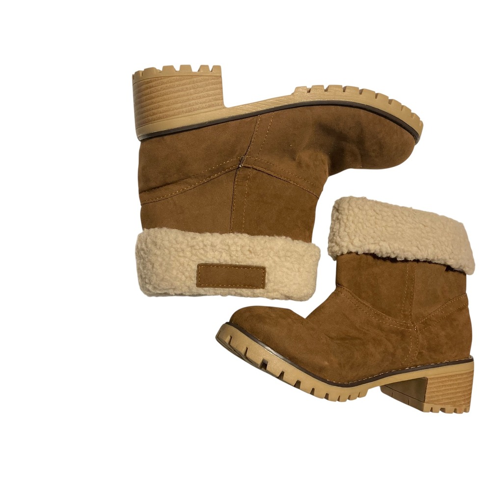 Tan Faux Suede Shearling Trim Lug Sole Ankle Boots Size 42 Chunky Block Heel